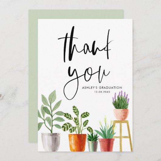 Boho Waterverf Potted Houseplants Afstuderen Bedankkaart (Voorkant / Achterkant)