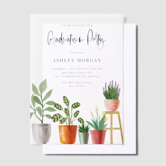 Boho Waterverf Potted Houseplants Afstuderen Vellum Uitnodigingen (Offset)