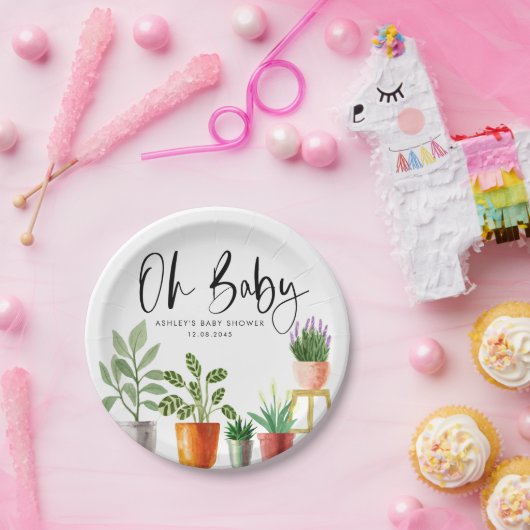 Boho Waterverf Potted Houseplants Baby shower Papieren Bordje (Feest)