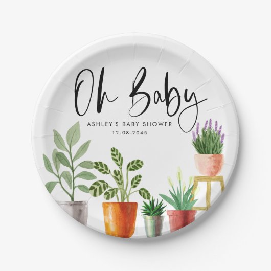 Boho Waterverf Potted Houseplants Baby shower Papieren Bordje (Voorkant)