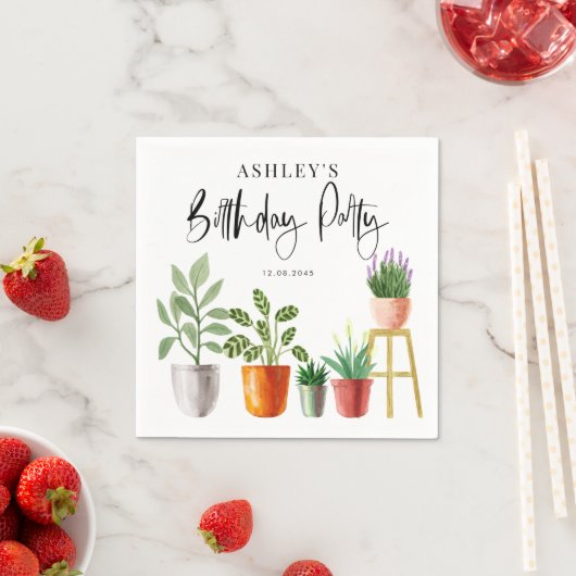 Boho Waterverf Potted Houseplants Verjaardagsfeest Servet (Insitu)
