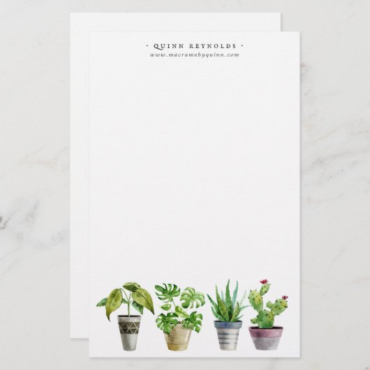 Boho Waterverf Potted Plant | Monogram briefpapier (Voorkant / Achterkant)