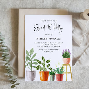 Boho Waterverf Potted Planten Sweet 16 Party Kaart