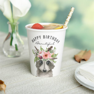 Boho Waterverf Raccoon Happy Birthday Papieren Bekers