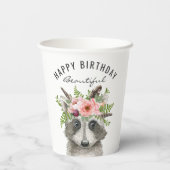 Boho Waterverf Raccoon Happy Birthday Papieren Bekers (Achterkant)
