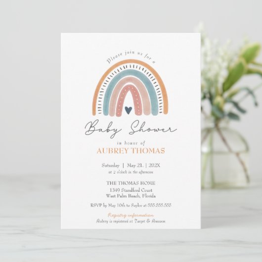 Boho Waterverf Rainbow Baby shower Genderneutraal Kaart (Staand voorkant)