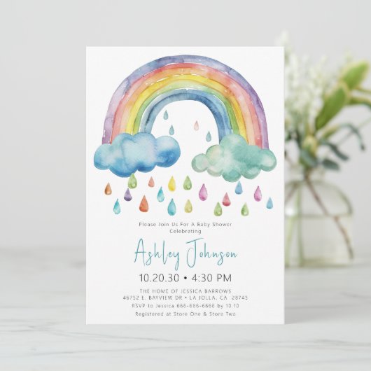 Boho Waterverf Rainbow Baby shower Uitnodiging (Staand voorkant)