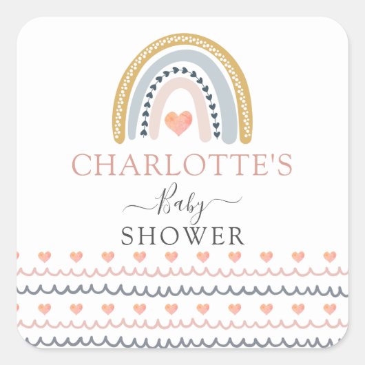 Boho Waterverf Rainbow Baby shower Uitnodiging Vierkante Sticker (Voorkant)