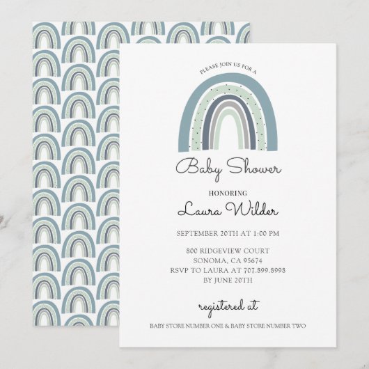 Boho Waterverf Rainbow Blue Baby Boy Shower Kaart (Voorkant / Achterkant)