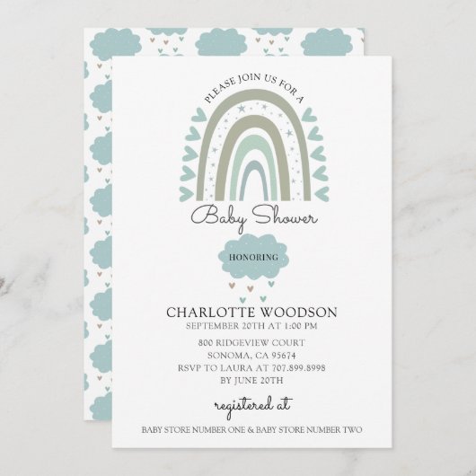 Boho Waterverf Rainbow Blue Baby Boy Shower Kaart (Voorkant / Achterkant)