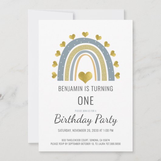 Boho Waterverf Rainbow Boy Blue First Birthday Kaart (Voorkant)