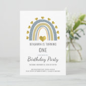 Boho Waterverf Rainbow Boy Blue First Birthday Kaart (Staand voorkant)