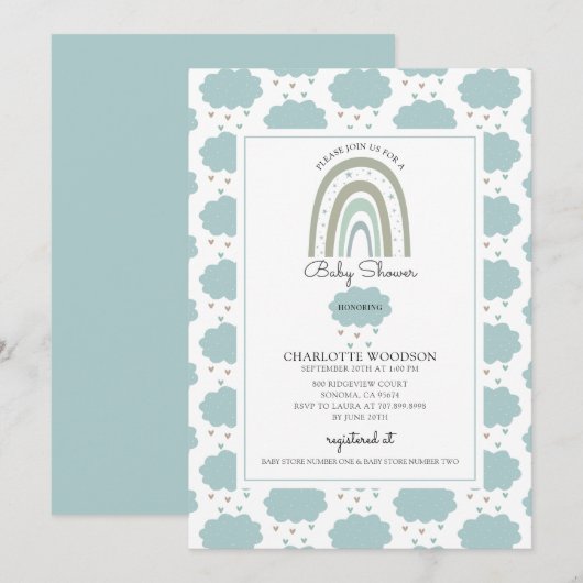 Boho Waterverf Rainbow Cloud Blue Baby Boy Shower Kaart (Voorkant / Achterkant)