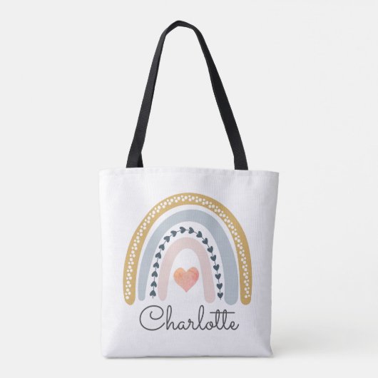 Boho Waterverf Rainbow Heart Naam Tote Bag (Achterkant)