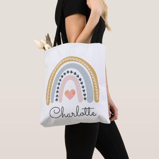 Boho Waterverf Rainbow Heart Naam Tote Bag (Dichtbij)