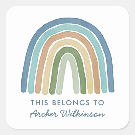 Boho Waterverf Rainbow Naam School Label Blauw (Voorkant)
