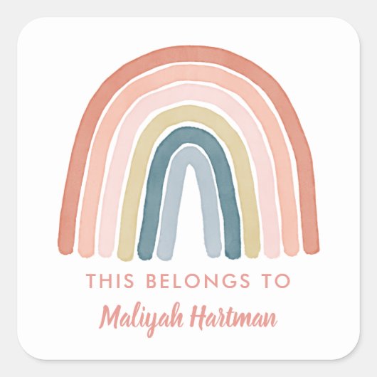 Boho Waterverf Rainbow Name School Label Coral (Voorkant)