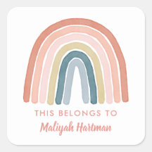 Boho Waterverf Rainbow Name School Label Coral