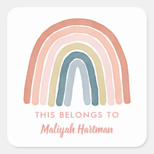 Boho Waterverf Rainbow Name School Label Coral