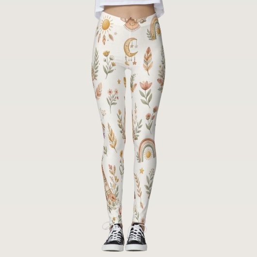 Boho Waterverf Regenboog Pastel Bloem Leggings (Voorkant)