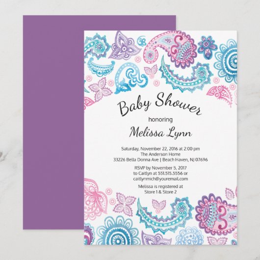 Boho Waterverf Roze Blauw Paisley Baby shower Kaart (Voorkant / Achterkant)