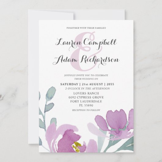 Boho Waterverf Roze Bloemen Bruiloft Kaart (Voorkant)