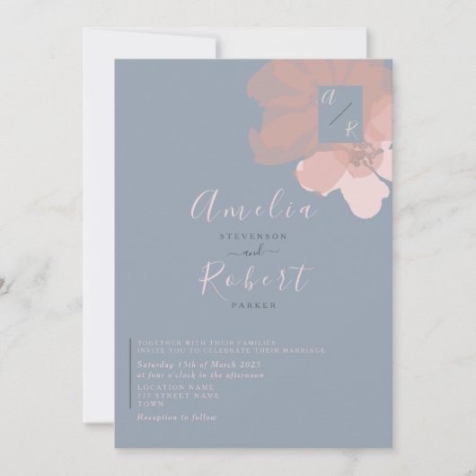 Boho Waterverf Roze Dusty Blue Wedding Kaart (Voorkant)