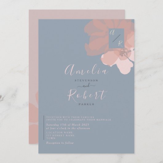 Boho Waterverf Roze Dusty Blue Wedding Kaart (Voorkant / Achterkant)