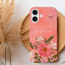 Boho Waterverf Roze Koraal Bloemen Script Naam