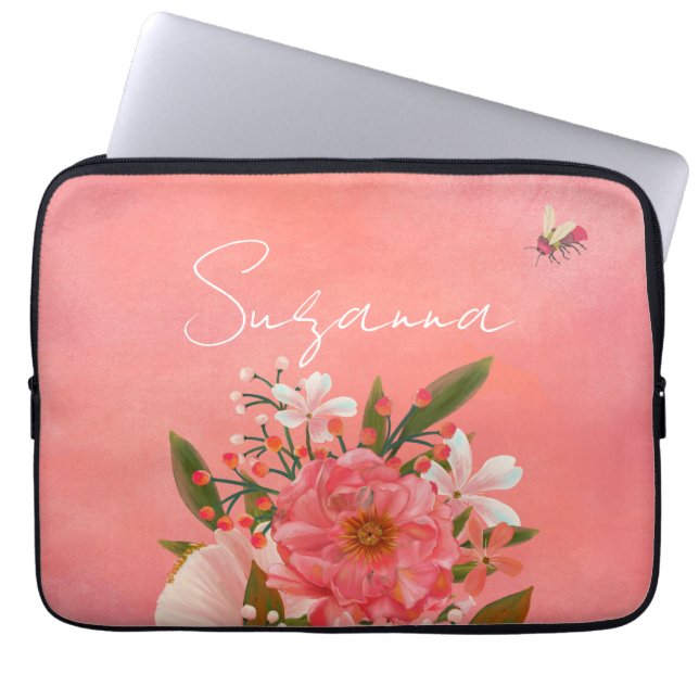 Boho Waterverf Roze Koraal Bloemen Script Naam Laptop Sleeve (Voorkant)