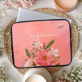 Boho Waterverf Roze Koraal Bloemen Script Naam Laptop Sleeve