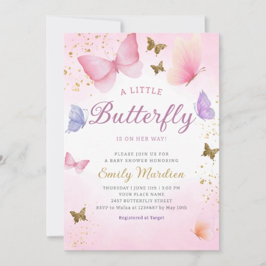 Boho Waterverf roze Meisje Vlinder Baby shower Kaart (Voorkant)