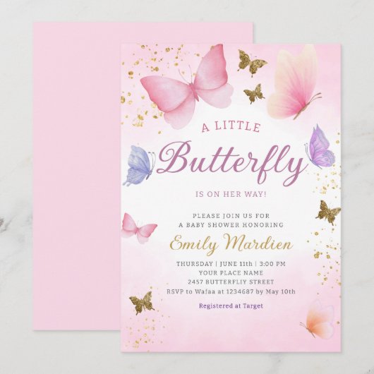 Boho Waterverf roze Meisje Vlinder Baby shower Kaart (Voorkant / Achterkant)