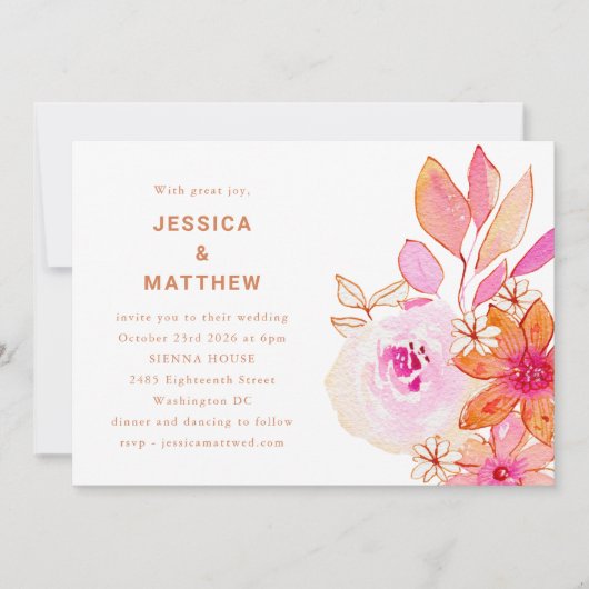 Boho Waterverf Roze Oranje Bloemen Chinees Weddens Kaart (Voorkant)