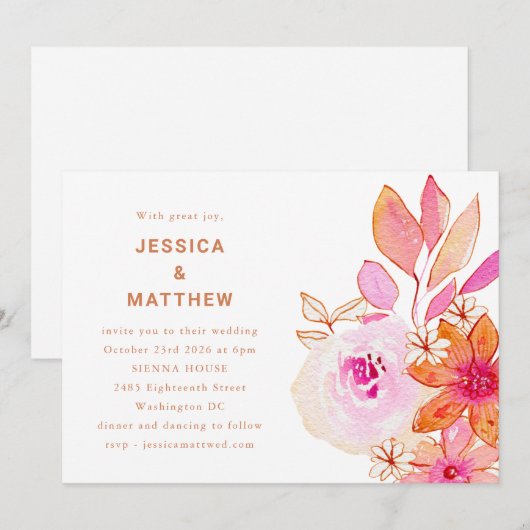 Boho Waterverf Roze Oranje Bloemen Chinees Weddens Kaart (Voorkant / Achterkant)