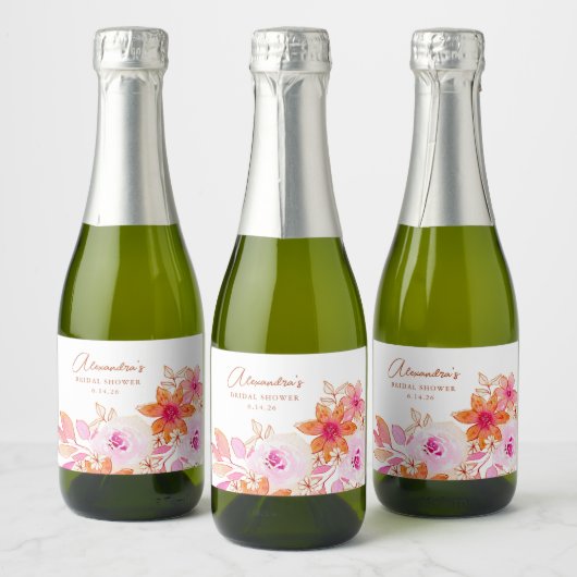 Boho Waterverf Roze Oranje Flowers Vrijgezellenfee Sparkling Wijnetiket (Flessen)