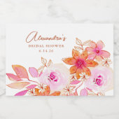 Boho Waterverf Roze Oranje Flowers Vrijgezellenfee Sparkling Wijnetiket (Enkel label)