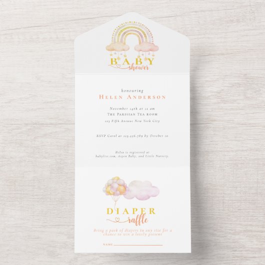 Boho Waterverf roze regenboog meisje Baby shower All In One Uitnodiging (Binnen)