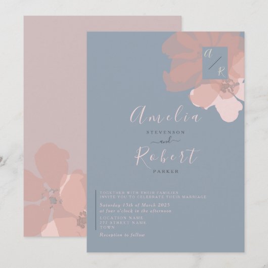 Boho Waterverf Roze Stofblauwe Trouw Kaart (Voorkant / Achterkant)