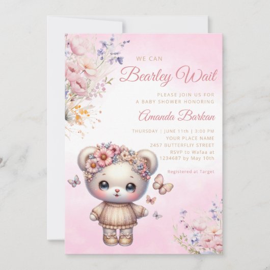 Boho Waterverf roze Teddy Bear Meisje Baby shower Kaart (Voorkant)