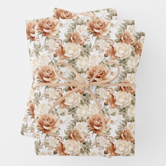 Boho waterverf salie groen en terracotta rozen inpakpapier vel (In situ)