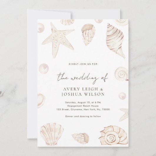 Boho Waterverf Seashells Parels Nautische bruiloft Kaart (Voorkant)