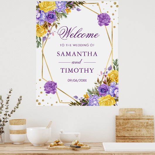 Boho Waterverf Spring Flowers Gold Lijst Wedding Poster (Keuken)