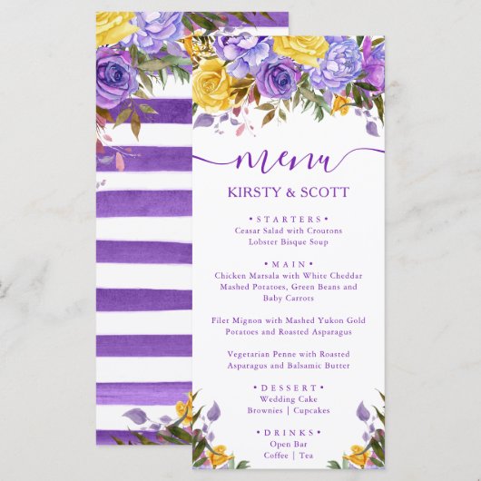 Boho Waterverf Spring Flowers Wedding Menu (Voorkant / Achterkant)