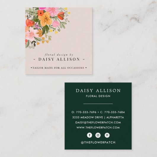 Boho Waterverf Spring Wildflower Vierkante Visitekaartje (Voorkant / Achterkant)