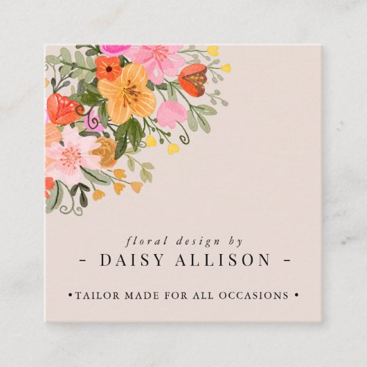 Boho Waterverf Spring Wildflower Vierkante Visitekaartje (Voorkant)