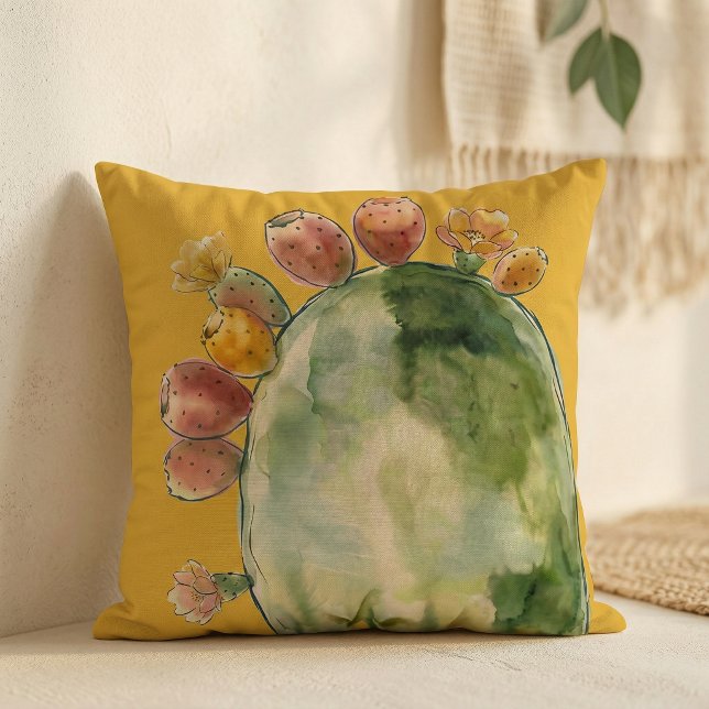 Boho Waterverf Stekelige Peer Cactus Vrucht  Kussen (Creator heeft geüpload)