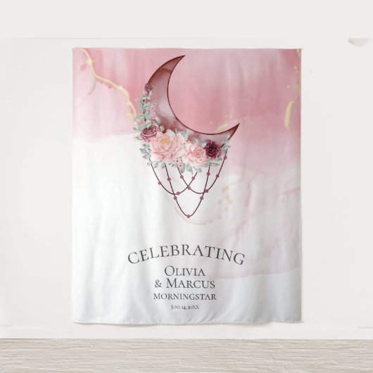 Boho Waterverf Stof Roze Hemels Wandkleed (Voorkant)