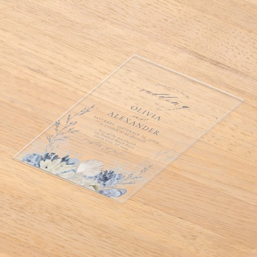 Boho Waterverf Strand Elegant Blauw Huwelijk Acryl Uitnodigingen (Laagn)