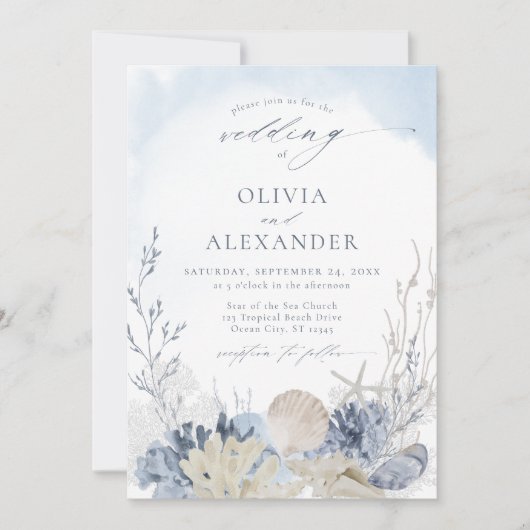 Boho Waterverf Strand Elegant Blauw Huwelijk Kaart (Voorkant)